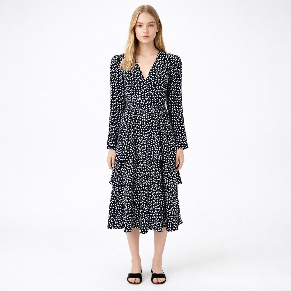 Vintage Heart Print Tiered Dress 10 V-Neck Black Valentine's Galentine's #A1041 - Picture 1 of 9